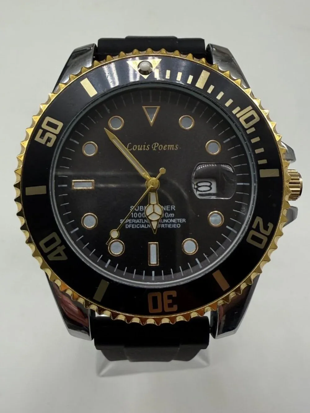 Louis Poems Diver Men's Black Gold 43mm Date Rubber Band Quartz Watch NEW
